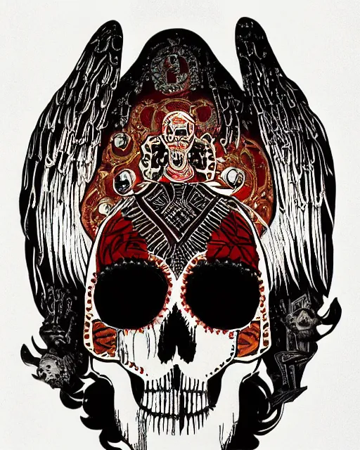 Image similar to an angel with a skull painted with indigenous motifs for the head by tsuyoshi nagano, dramatic lighting, blood, god rays, angelical