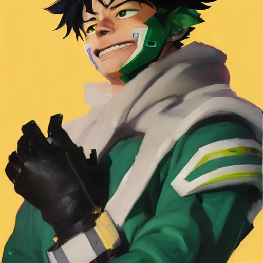 Image similar to greg manchess portrait painting of izuku midoriya as overwatch character, medium shot, asymmetrical, profile picture, organic painting, sunny day, matte painting, bold shapes, hard edges, street art, trending on artstation, by huang guangjian and gil elvgren and sachin teng