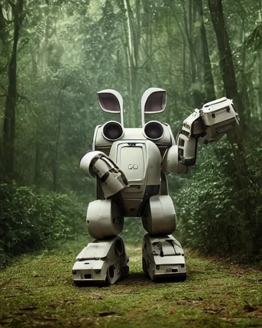 Image similar to epic chase!!!giant oversized battle rabbit robot chubby fat mech with big ears as battle mecha rabbit robot weapon fiat 126p , in jungle forest !!! , full body , Cinematic focus, Polaroid photo, vintage , neutral dull colors, foggy mist ,by oleg oprisco , by victor enrich , by gregory crewdson , by discovery channel