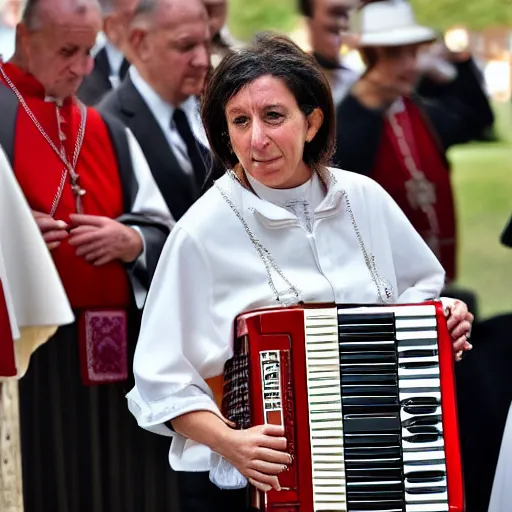 Image similar to realistic photograph of Luciana Littizzetto playing the accordion for Pope Francis, 2019, afternoon