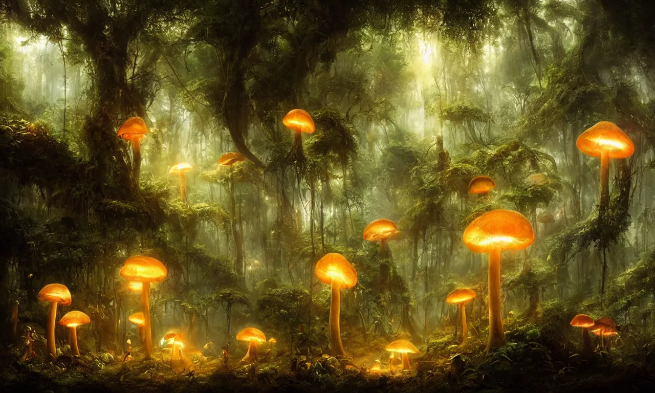 Image similar to glowing mushrooms in the jungle. andreas achenbach, artgerm, mikko lagerstedt, zack snyder, tokujin yoshioka