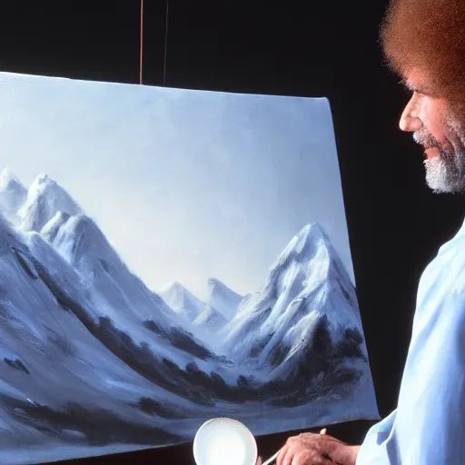 Image similar to a closeup photorealistic photograph of bob ross working on a canvas painting of darth vader. film still. brightly lit scene. mountains and trees. this 4 k hd image is trending on artstation, featured on behance, well - rendered, extra crisp, features intricate detail, epic composition and the style of unreal engine.