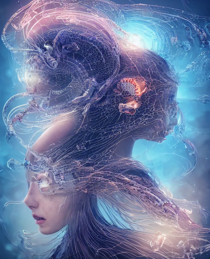 Image similar to close-up macro portrait of the face of a beautiful princess, epic angle and pose, symmetrical artwork, 3d with depth of field, blurred background, cybernetic jellyfish female face skull phoenix bird, translucent, nautilus, energy flows of water and fire. a highly detailed epic cinematic concept art CG render. made in Maya, Blender and Photoshop, octane render, excellent composition, cinematic dystopian brutalist atmosphere, dynamic dramatic cinematic lighting, aesthetic, very inspirational, arthouse. y Greg Rutkowski, Ilya Kuvshinov, WLOP, Stanley Artgerm Lau, Ruan Jia and Fenghua Zhong