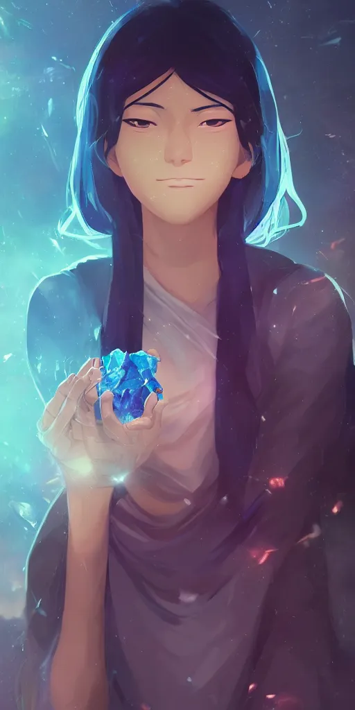 Prompt: beautiful young Himalayan woman with psychic powers, holding crystals, sad, futuristic, somber, by Makoto Shinkai, by rossdraws, dramatic lighting, reflective light