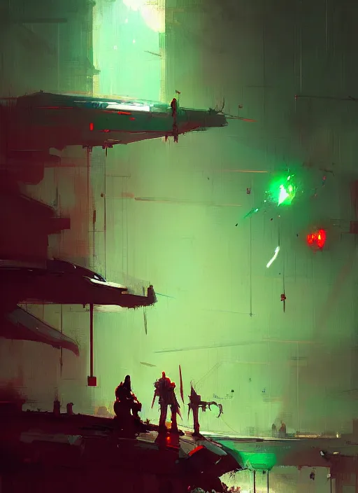 Image similar to sci - fi knights, red and green hour, by ismail inceoglu