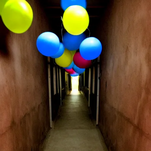 Prompt: flash photograph of a creepy narrow long hallway with several primary colored balloons floating, dark lighting, liminal space, horror scene