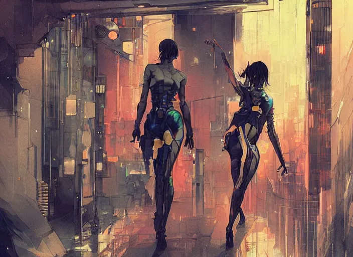 Image similar to lee jin - eun exiting kyoto gion from in cyberpunk theme by peter andrew jones and conrad roset, rule of thirds, seductive look, beautiful