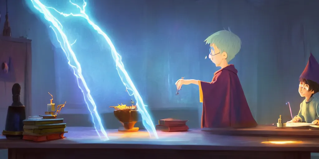 Prompt: a young boy mage with a cloak is standing at his desk working on a experiment, bubbling potions, colorful, light rays, medium shot, waist up, pixar and disney animation, sharp, rendered in unreal engine 5, by greg rutkowski and makoto shinkai, bloom, dramatic lighting, cinematic