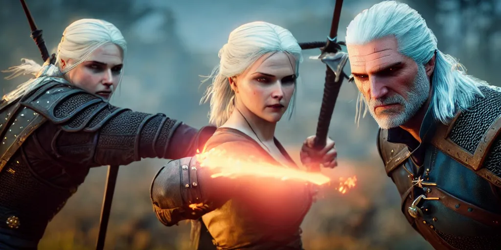 Prompt: geralt of rivia fighting ciri in the witcher 3, hyper realistic, cinimatic, epic shot, movie still, 8 k, dramatic shot, dramatic lighting, vibrant, shadows, reflections, depth of field