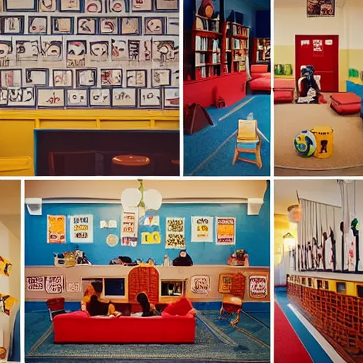 Image similar to a cool school reception, wes anderson style