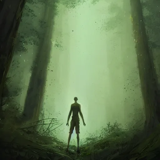 Prompt: concept art by greg rutkowski, a very tall and slender young man, frightened, surrounded by fireflies, in the middle of a forest of giant trees, detailed portraits, disturbing atmosphere, uncanny green lighting, scifi, digital painting, artstation, concept art, smooth, sharp foccus ilustration, artstation hq