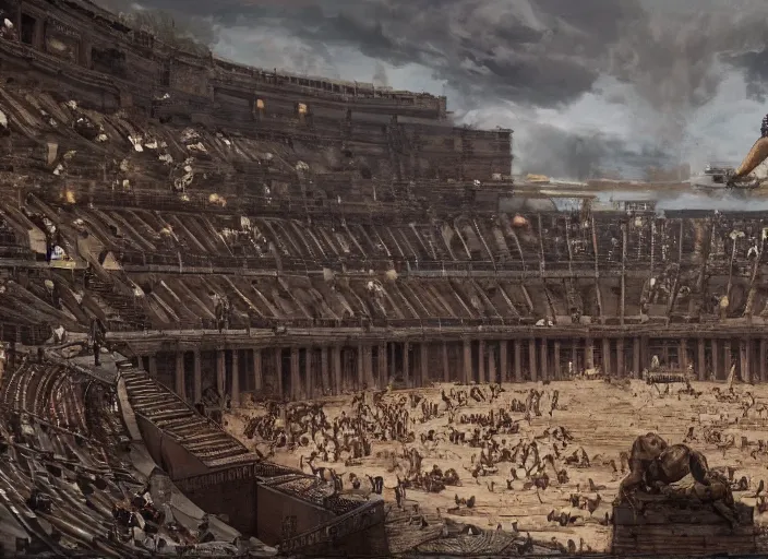 Prompt: a historical depiction of an epic scene at the roman coliseum filled with dueling gladiators, in the style of greg rutkowski and remedios varo, digital painting, unreal engine, extremely detailed masterpiece