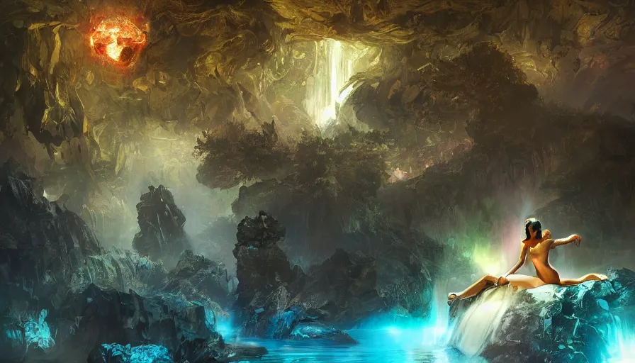 Prompt: frank frazetta art, science fiction landscape, glowing woman from space, giant soft creatures, multicolored palm trees, crystal water fall, space ship sphere, deviant art, unreal engine, realistic shading, realistic render, octane render, detailed textures, photorealistic, wide shot