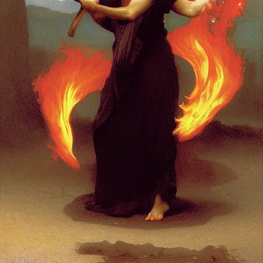 Prompt: fire wielding woman, by bouguereau