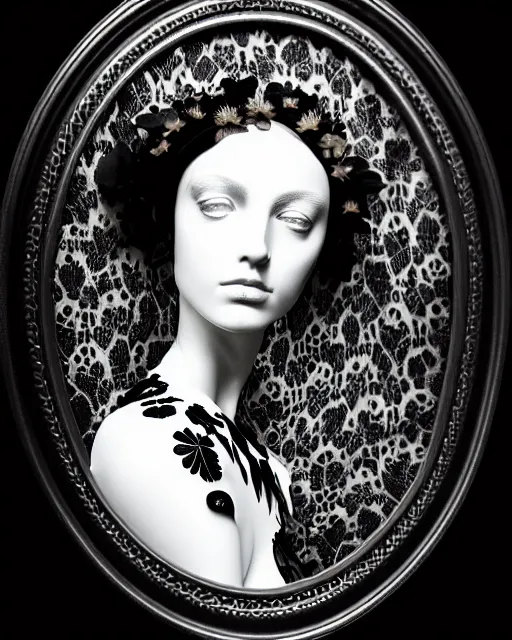 Image similar to black and white masterpiece profile portrait painting, dutch masters, silver lace floral steampunk biomechanical beautiful one techno eye young female cyborg, big monocular, volumetric light, leaves foliage and stems, hibiscus flowers, by dora maar, rim light, big gothic fashion pearl embroidered collar, 8 k