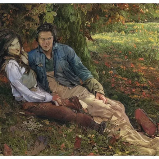 Image similar to young man and woman with long brown hair, laying under a tree looking at clouds autumn, ( ( ( wearing jeans ) ) ), by stanley artgerm lau, greg rutkowski, thomas kindkade, alphonse mucha, loish, norman rockwell