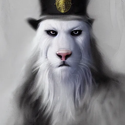 Image similar to portrait of a white panter with a very long fur and wizard hat, fantasy, trending on artstation, heroic pose, illustration, highly detailed, simple, 8k