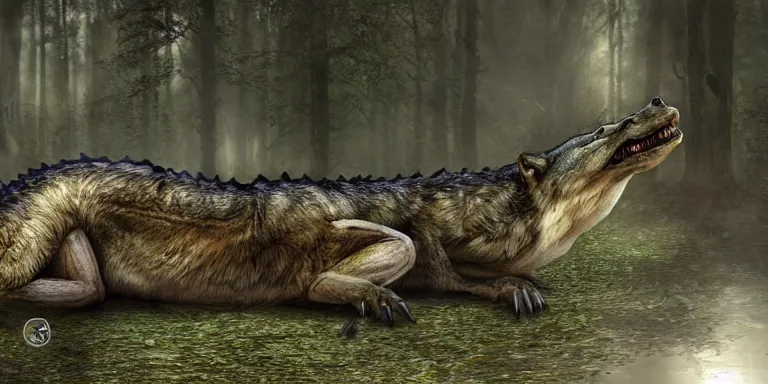 Image similar to chimera made of a wolf and a crocodile, awarded on pixiv, ultra realism, fantasy, trending on deviantart, realistic wood swamp, professional photoshop artwork