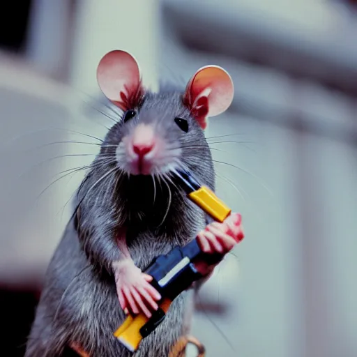 Prompt: 35mm photo of a rat holding a gun, bright and fun colors