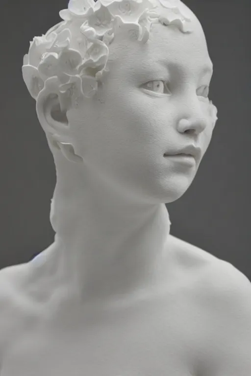 Prompt: close up of full head and shoulders, beautiful female porcelain sculpture by daniel arsham and raoul marks, smooth, all white features on a white background, delicate facial features, white eyes, white lashes, all twisted around, detailed white 3 d giant poppies on the head