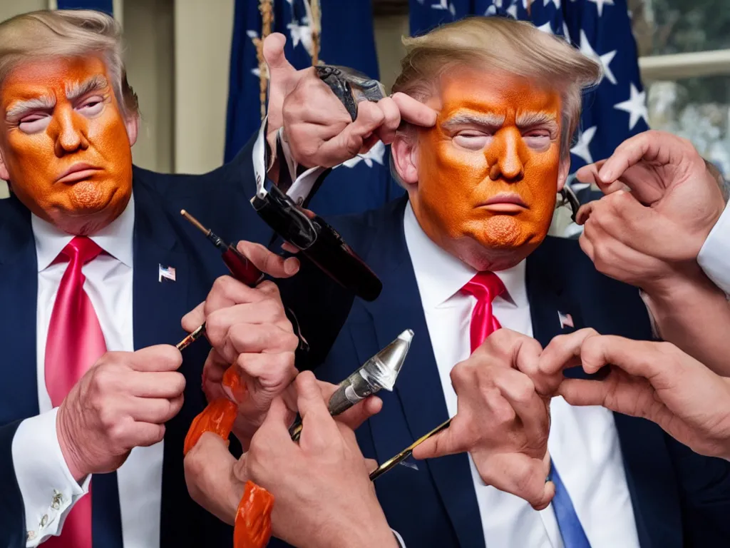 Prompt: photo of Trump applying his orange makeup, real life, 8k resolution, high detail