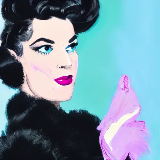 Image similar to portrait of woman wearing an elegant black vintage 50s swing dress and a white fur boa and matte bold makeup, she has a 50s poofy hairstyle and bright eyes, determined expression, illuminated by cyan and purple neon lights, hard light, painting