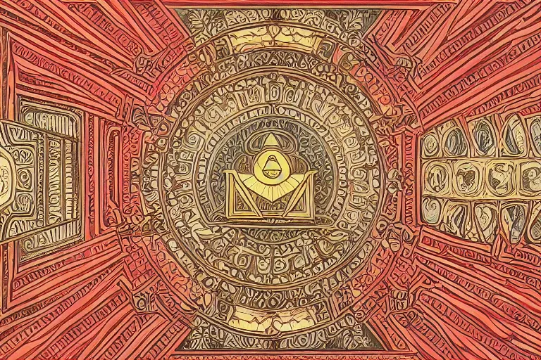 Image similar to symmetrical mural painting from the early 1 9 0 0 s in the style of art nouveau, red curtains, art nouveau design elements, art nouveau ornament, opera house architectural elements, mucha, masonic symbols, masonic lodge, joseph maria olbrich, simple, iconic, masonic art, masterpiece