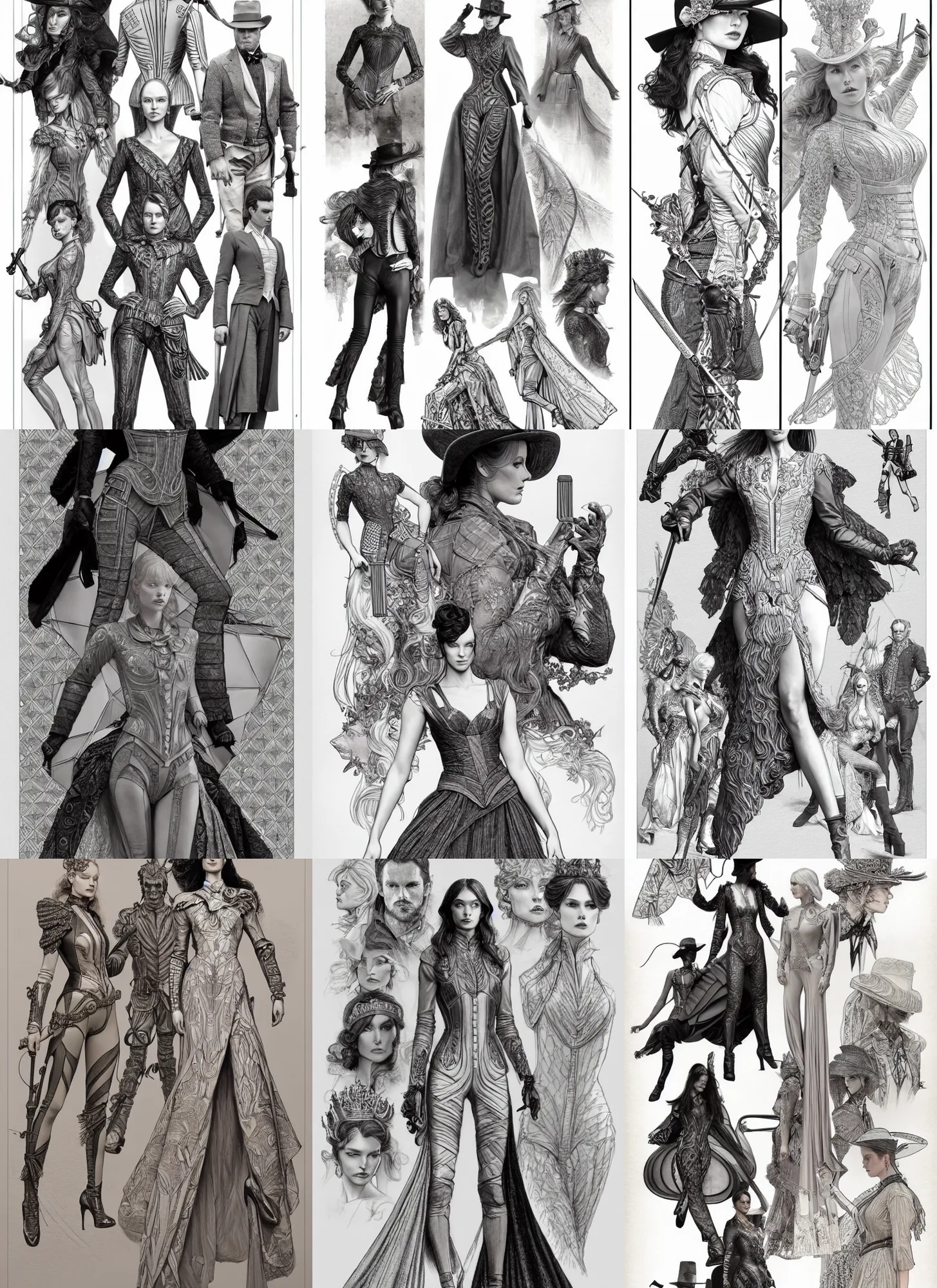 Prompt: detailed pencil fashion spot illustrations of the queens gambit and westworld crossover, various poses, by burne hogarth, by bridgeman, by anthony ryder, by mucha, cgsociety, artstation.