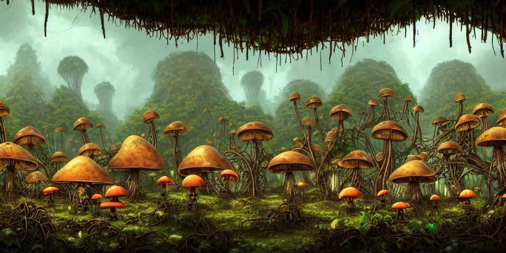 Image similar to a jungle village of cybernetic mutants and their mushroom tents, matte oil painting, retrofuturistic, science fantasy, roguelike, rusted vines, salt powder, lgbt, queer, rpg, epic, dungeons & dragons, sacred, sharp focus, award - winning, extremely detailed, 4 k, 8 k