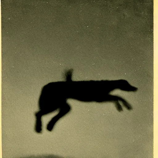 Image similar to a blurry 1 9 0 0 s photograph of a black dog flying in the night sky, moonlight,