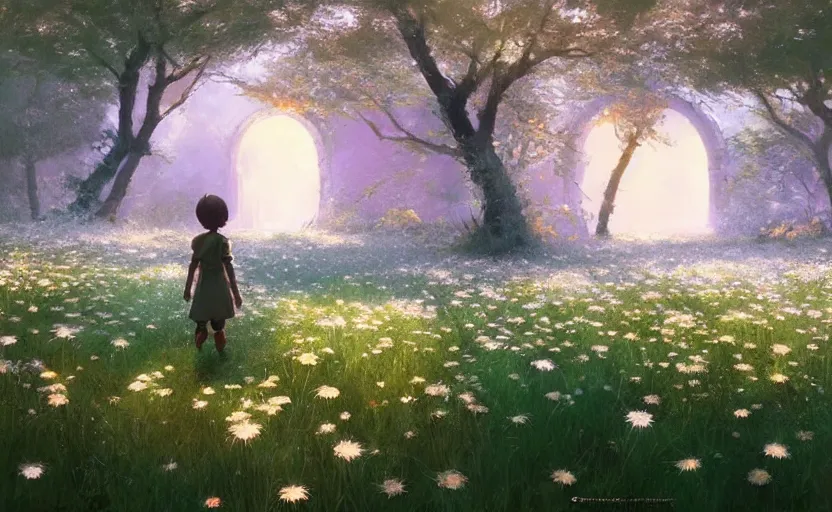 Image similar to portal to another world in a field of daisies, painting by craig mullins, octane rendering, soft morning lighting, wide angle lens, in the style of hayao miyazaki, trending on artstation