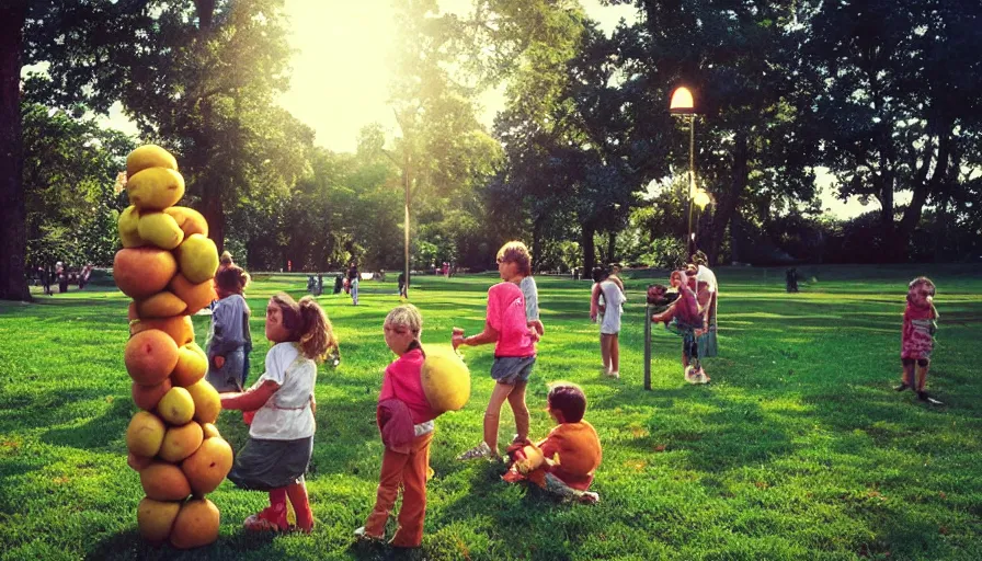 Prompt: 1990s candid photo of a beautiful day at the park, families playing, cinematic lighting, cinematic look, golden hour, large personified fruit people in the background, Enormous fruit people with friendly faces, kids talking to fruit people, UHD