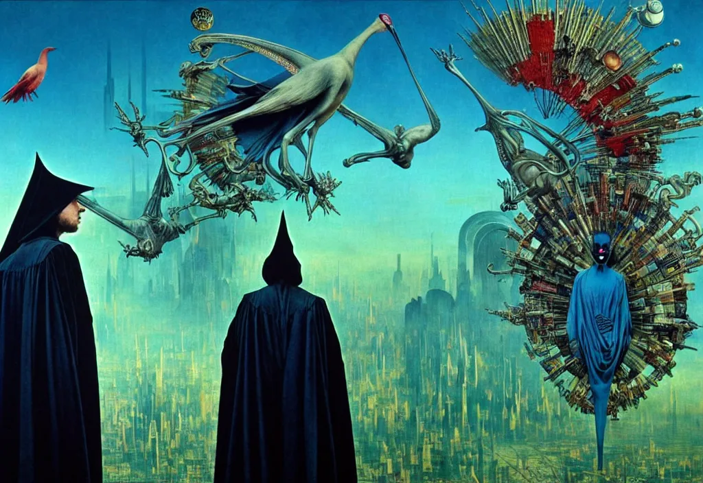 Image similar to realistic detailed portrait movie shot of a creaming birdman wearing black robes, sci fi city landscape background by denis villeneuve, amano, yves tanguy, alphonse mucha, ernst haeckel, max ernst, roger dean, masterpiece, rich moody colours, blue eyes