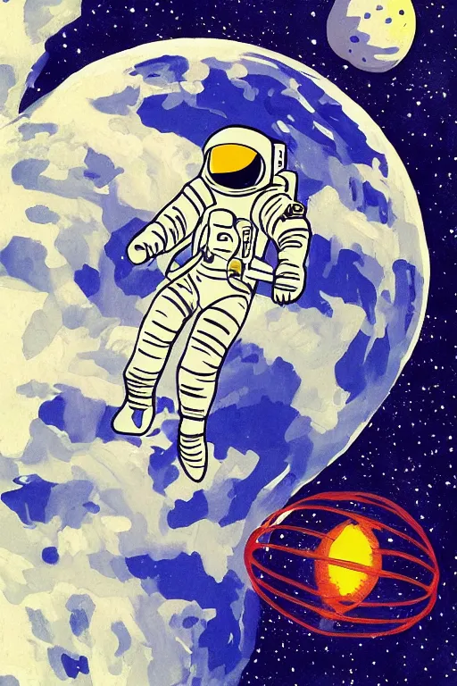 Prompt: An astronaut floating above the earth, in the style of Eyvind Earl