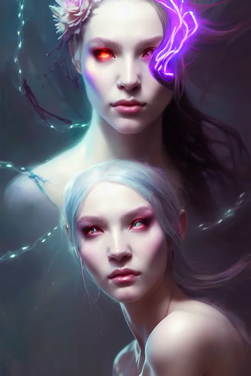 Image similar to beautiful necromancer girl, sorceress turning into flowers, three - dimensional rendering, hyperrealistic detailed portrait holding light and electricity, ruan jia, clap. scifi, fantasy, magic the gathering, overdetalized, octane rendering, concept art by artgerm, peter murbacher