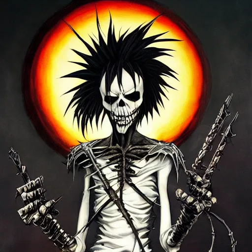 Image similar to a portrait of the grim reaper as a punk rocker, punk, skeleton face, mohawk, dark, fantasy, leather jackets, spiked collars, spiked wristbands, piercings, boots, electric guitars, motorcycles, ultrafine detailed painting by frank frazetta and vito acconci and michael whelan and takeshi obata, death note style, detailed painting