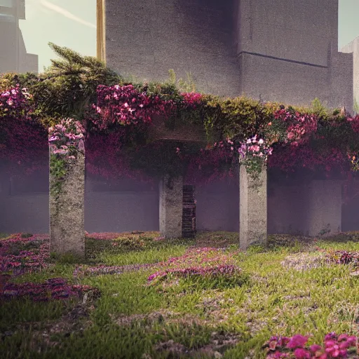 Prompt: A ruined city overgrown by flowers, octane render, 8K, depth of field, By WLOP