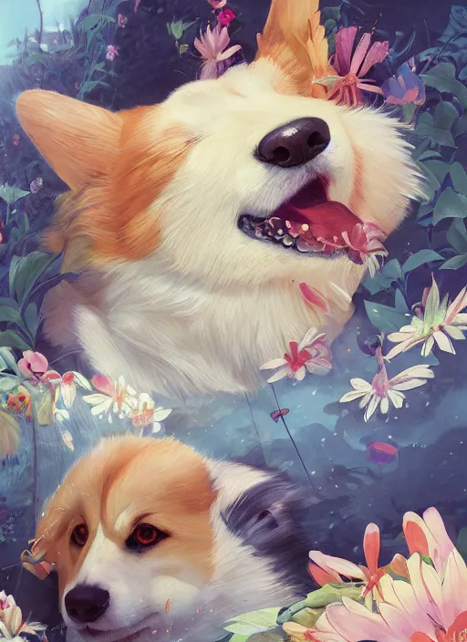 Image similar to beautiful fantasy anime painting of summer chill day with corgi, by Kenne Gregoire, James Jean, Tran Nguyen, WLOP, Jakub Rebelka. trending on Artstation, 8k, masterpiece, chill summer, graffiti paint, fine detail, full of color, intricate detail, golden ratio illustration