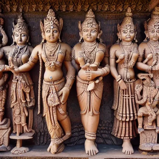 Image similar to hindu gods and goddesses posing together, carved in a temple