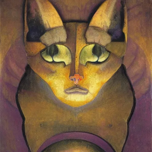 Image similar to masterpiece painting of an ancient polychrome sculpture of a mechanical cat head, by annie swynnerton and diego rivera and nicholas roerich and jean delville, symbolist, dramatic lighting, god rays, elaborate geometric ornament, art brut, rich colors, smooth sharp focus, extremely detailed, adolf wolfli