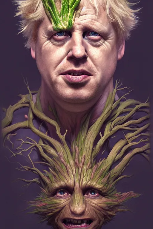 Image similar to Boris Johnson as Groot, realistic portrait, symmetrical, highly detailed, digital painting, artstation, concept art, smooth, sharp focus, illustration, cinematic lighting, art by artgerm and greg rutkowski and alphonse mucha