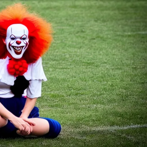 Image similar to Pennywise the clown coaching a girls' soccer team.