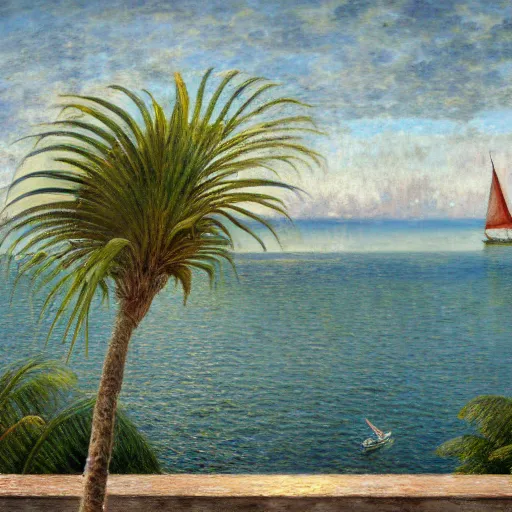 Image similar to a ultradetailed beautiful painting of a sail boat in the amazonas palace balustrade designed by jules bastien - lepage, tarsila do amaral, frank weston and gustave baumann, beach, trending on artstation, mediterranean, palm trees, sharp focus, soft light, 8 k 4 k