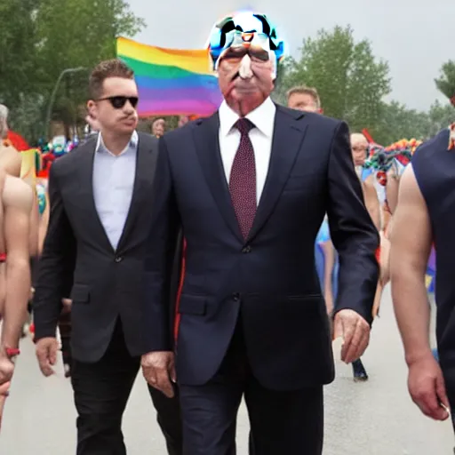 Prompt: vladimir putin attending gay pride wearing a thong