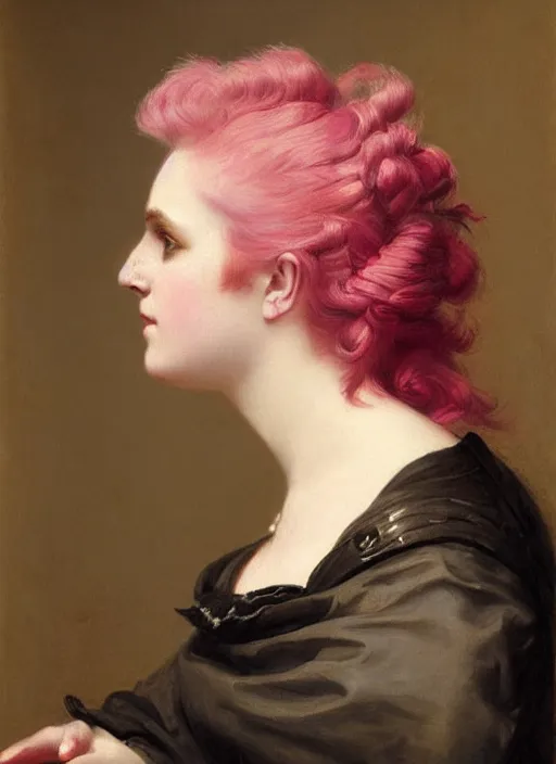 Image similar to a detailed portrait of woman with a mohawk by edouard bisson, year 1 8 5 0, pink hair, punk rock, oil painting, muted colours, soft lighting