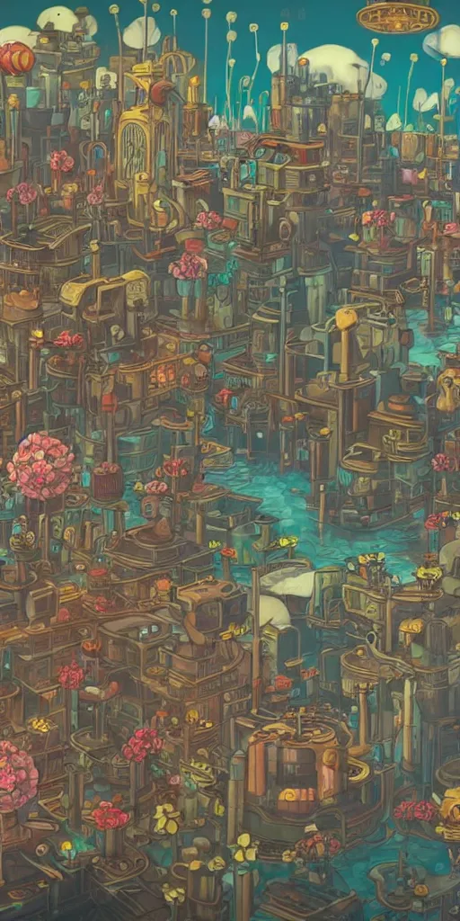 Image similar to technologic city with flowers on a steampunk land in the cuphead art style, smooth, cinematic, wet reflections, ray tracing x, rtx, smooth