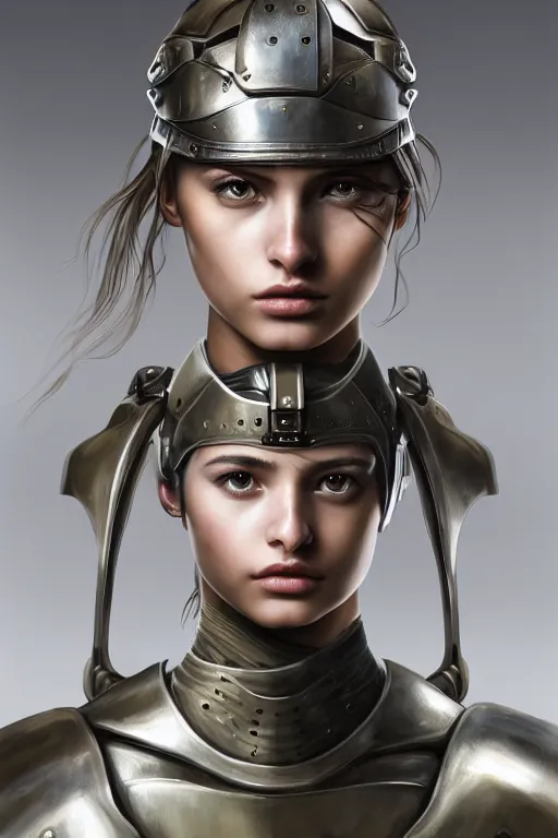 Image similar to a photorealistic painted portrait of an attractive young girl, partially clothed in dull metal-plated battle armor, olive skin, long dark hair, beautiful bone structure, symmetric facial features, perfect eyes, natural physique, intricate, elegant, digital painting, concept art, finely detailed, beautifully illustrated, sharp focus, minimal artifacts, photographic appearance, from Metal Gear, by Ruan Jia and Mandy Jurgens and Artgerm and William-Adolphe Bouguerea, in the style of Greg Rutkowski, trending on Artstation, award winning