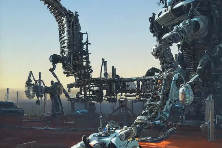 Image similar to natural landscape | robot repairing another robot, painting by syd mead, highly detailed, rule of third, soft lighting, 8 k resolution, oil on canvas, architectural magazine, beautiful detailed, insanely intricate details, artstation trending, hypermaximalistic, high details, cinematic