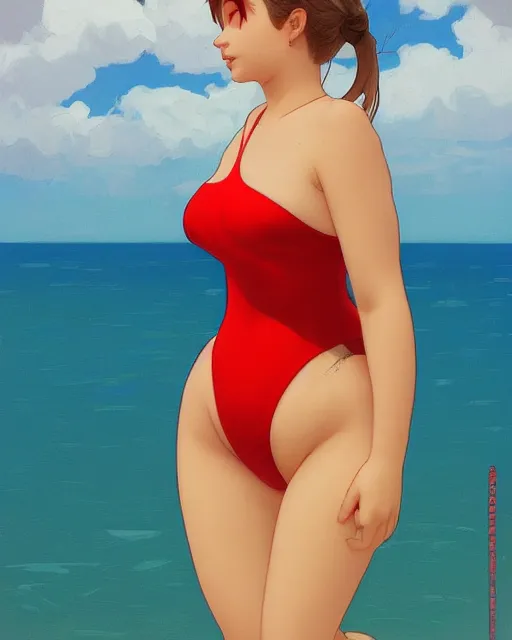 Image similar to portrait of cute chubby barbara palvin in red swimsuit running on the beach, ambient lighting, 4 k, lois van baarle, ilya kuvshinov, rossdraws, alphonse mucha, jung gi kim, artstation