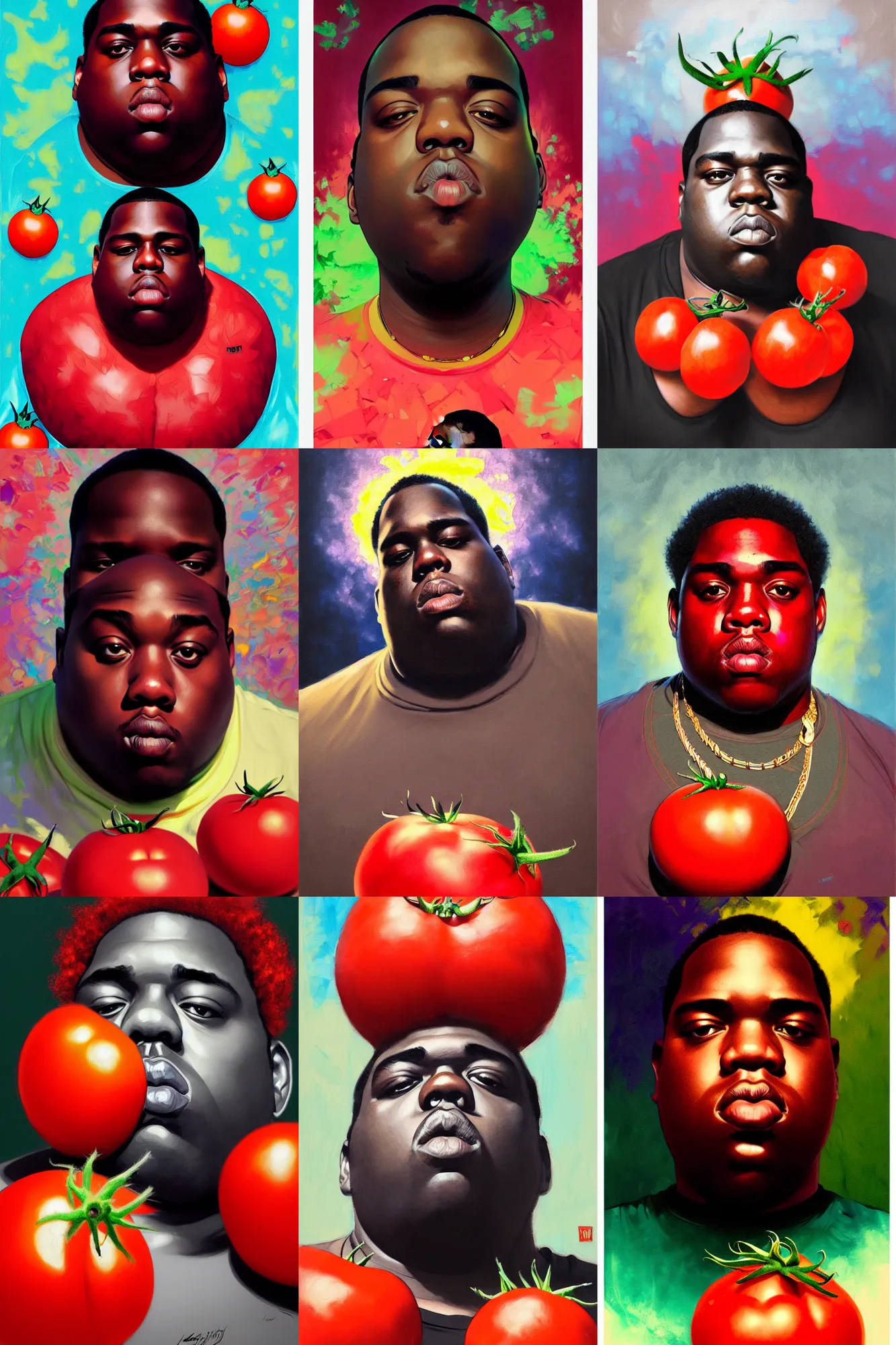 Prompt: the notorious b. i. g. as a juicy tomato, anime, psychedelic, hallucinogenic, trippy, flattened, squashed, shaded lighting poster by magali villeneuve, jeremy lipkin and michael garmash, rob rey and kentaro miura style, trending on art station